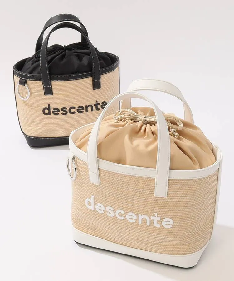 美品　descente カートバッグ ベージュ/ホワイト デサントゴルフ DE 麦わら風巾着カートバッグ レディースゴルフ