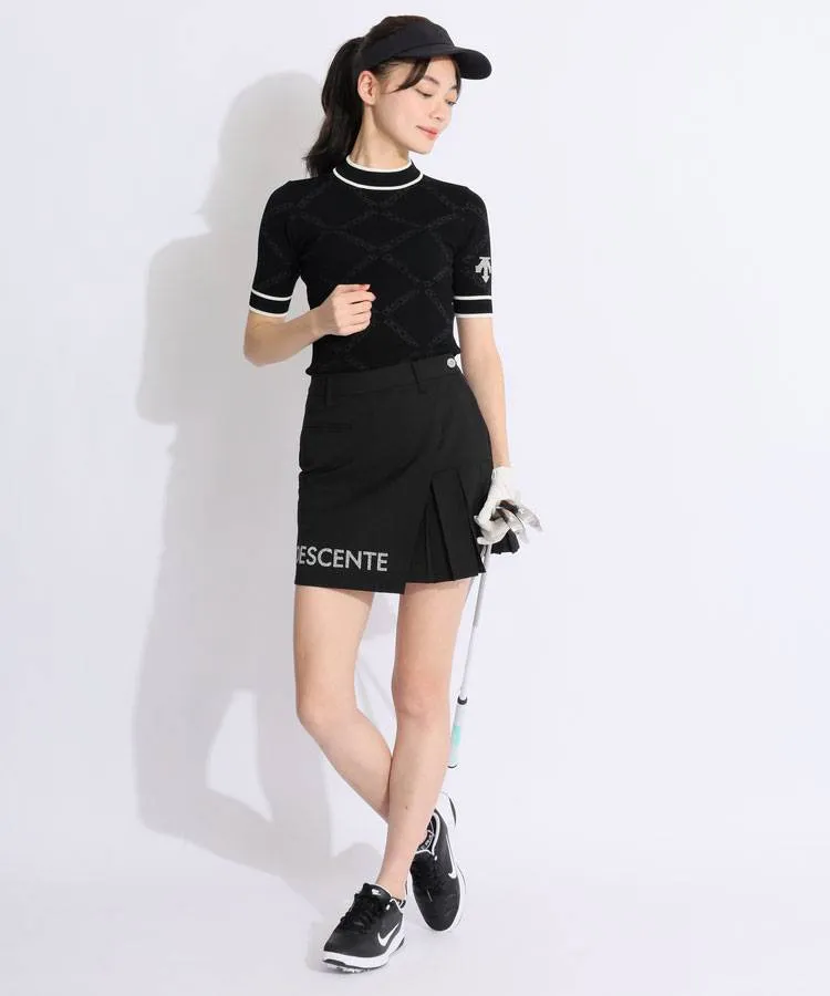 【デサントゴルフ】新品タグ付 サマーニットトップス 半袖 スワロフスキー L デサントゴルフ DE 【SWAROVSKI】ジャガードロゴ半袖ニット