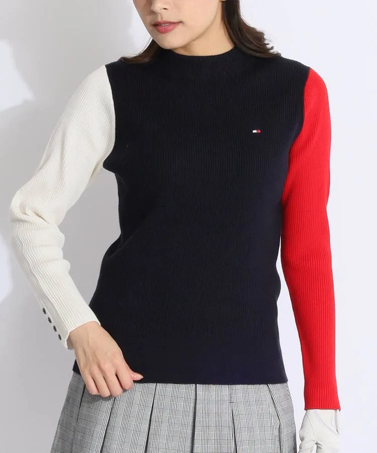 美品】トミーヒルフィガー ハイネックセーター ボルドー×白 袖