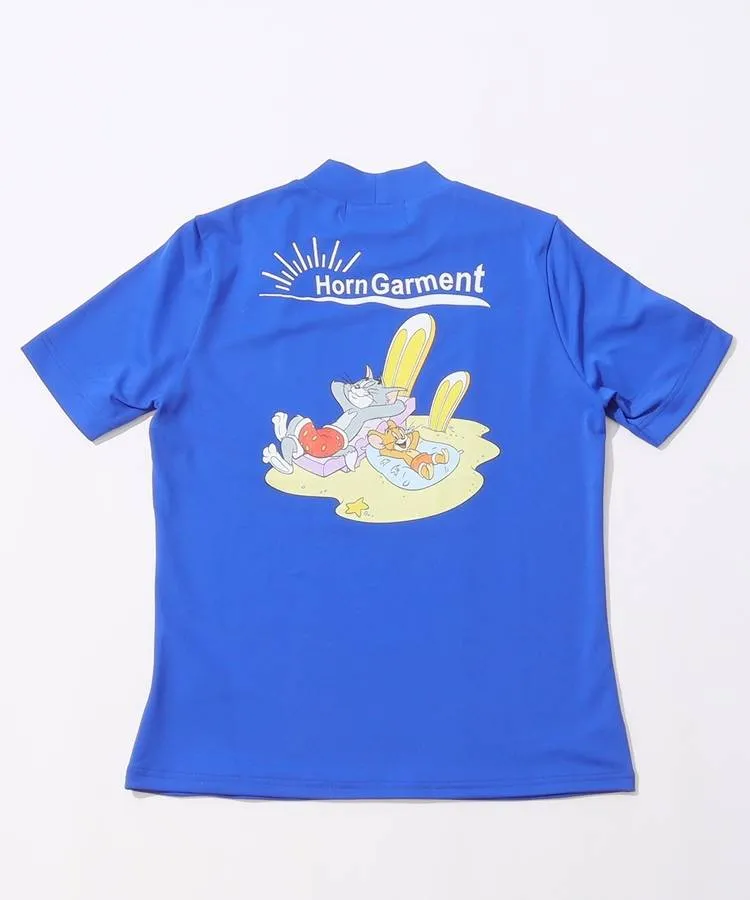 【美品】ホーンガーメント HORN G.M.T 総柄モック半袖Tシャツ レトロアロハ総柄 ストレッチ モックネック半袖Tシャツ(半袖