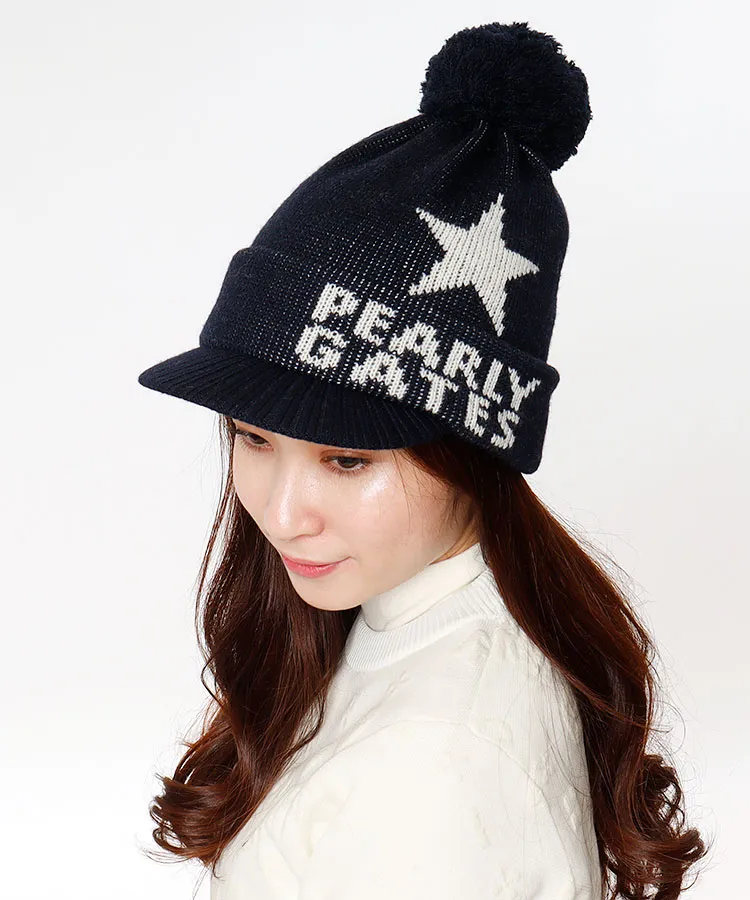 新品♪パーリーゲイツ PG ボンボンファー付きニット帽　ユニセックスフリー パーリーゲイツ PEARLY GATES ニット帽 ニットキャップ ゴルフ