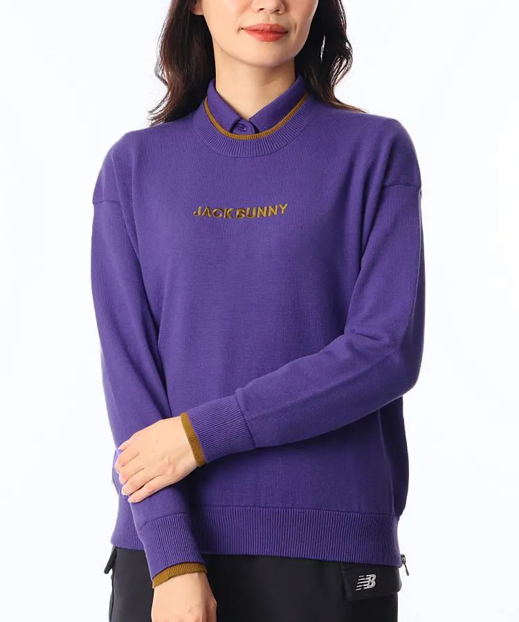 天竺セーター 紫 0サイズS ジャックバニー ゴルフウェア 新品 レディース ジャックバニー JB サイドZIP重ね着風クルーネックニット【7000円均一