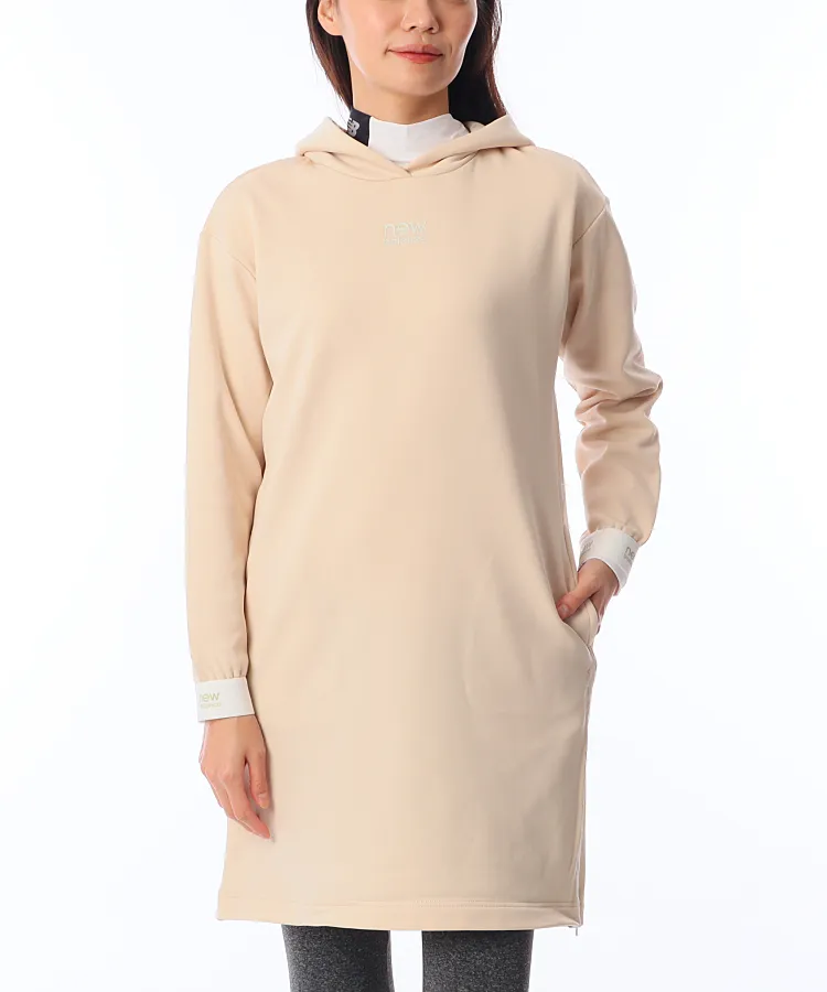 極美品ニューバランスゴルフベージュ フード付き ワンピース22000円 ニューバランスゴルフ NB 軽量フーディ裏起毛ワンピース レディース