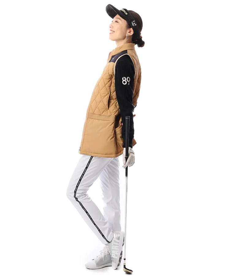 新品未使用Callaway ベージュ キルティングロングベストM 手洗い可 キャロウェイ CA 撥水ストレッチ◇ダウンロングベスト レディース