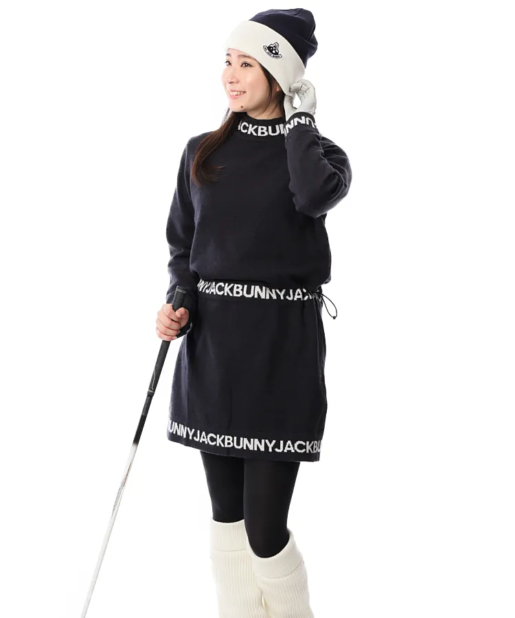 【新品タグ付】ジャックバニー　モックネック　ニットワンピース　Ｓ　裏生地付き　紺 ノースリーブモックネックニットワンピース | Jack Bunny