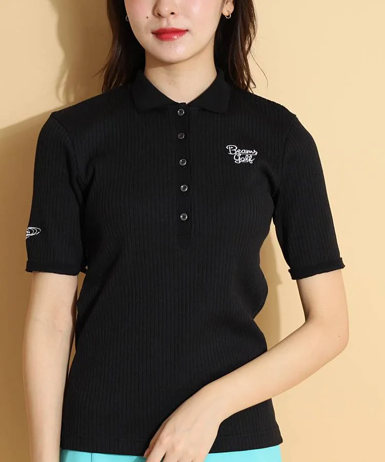 新品　ビームスゴルフ　レディースポロシャツ　黒 BEAMS GOLF ポロシャツ ポロ PURPLE LABEL / 麻混 白襟 ニット